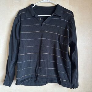 Black long sleeve knit polo shirt with stripes